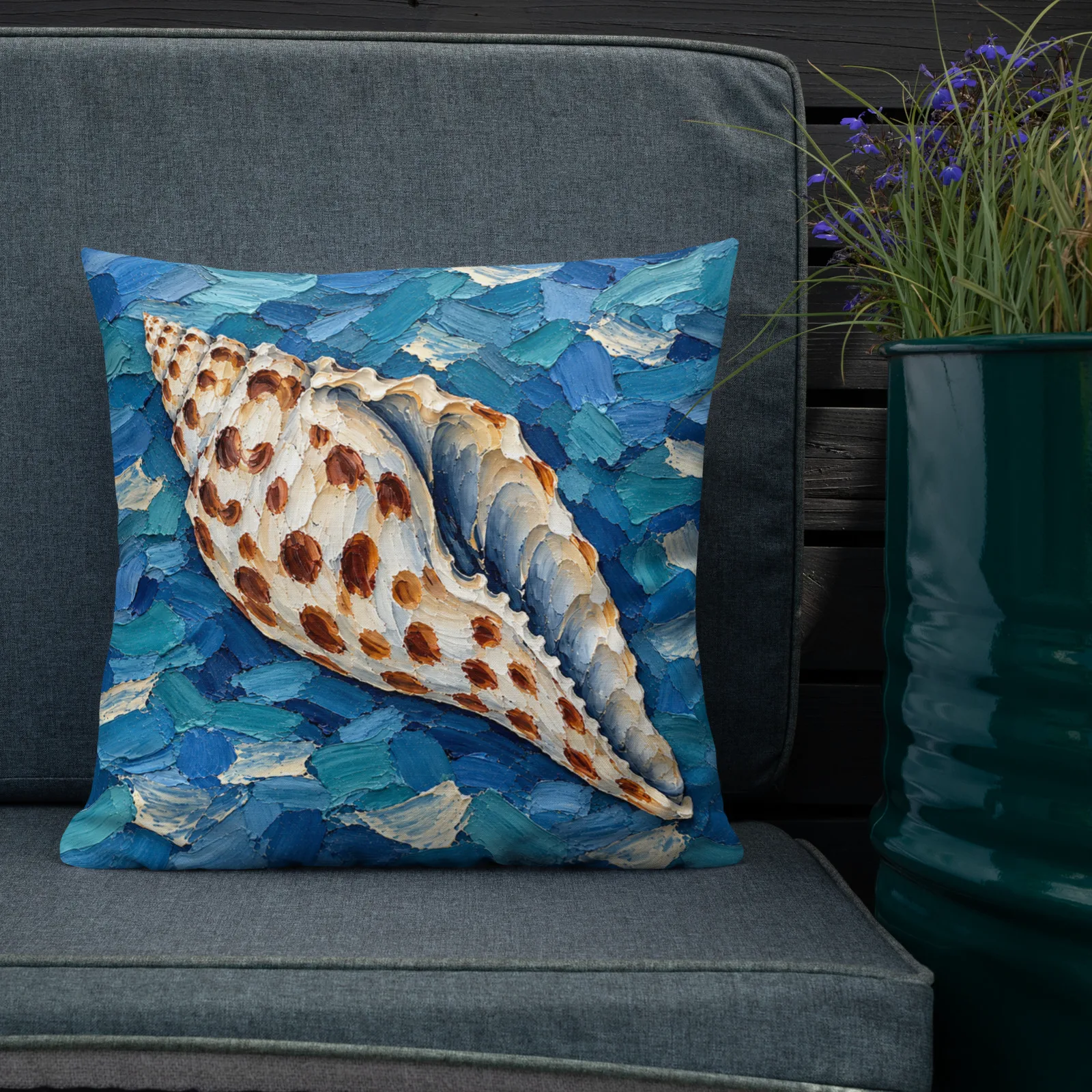 Junonia Seashell Throw Pillow: Spotted Shell Impasto Blue Coastal Decor Cushion, outdoors lifestyle front 2 view