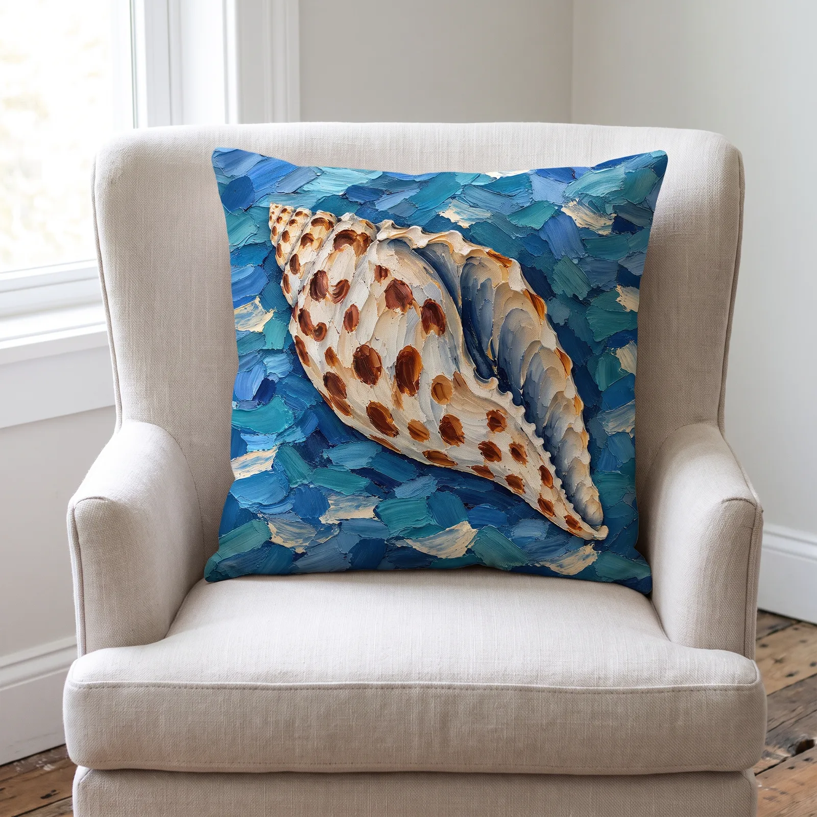 Junonia Seashell Throw Pillow: Spotted Shell Impasto Blue Coastal Decor Cushion, coastal armchair in morning light