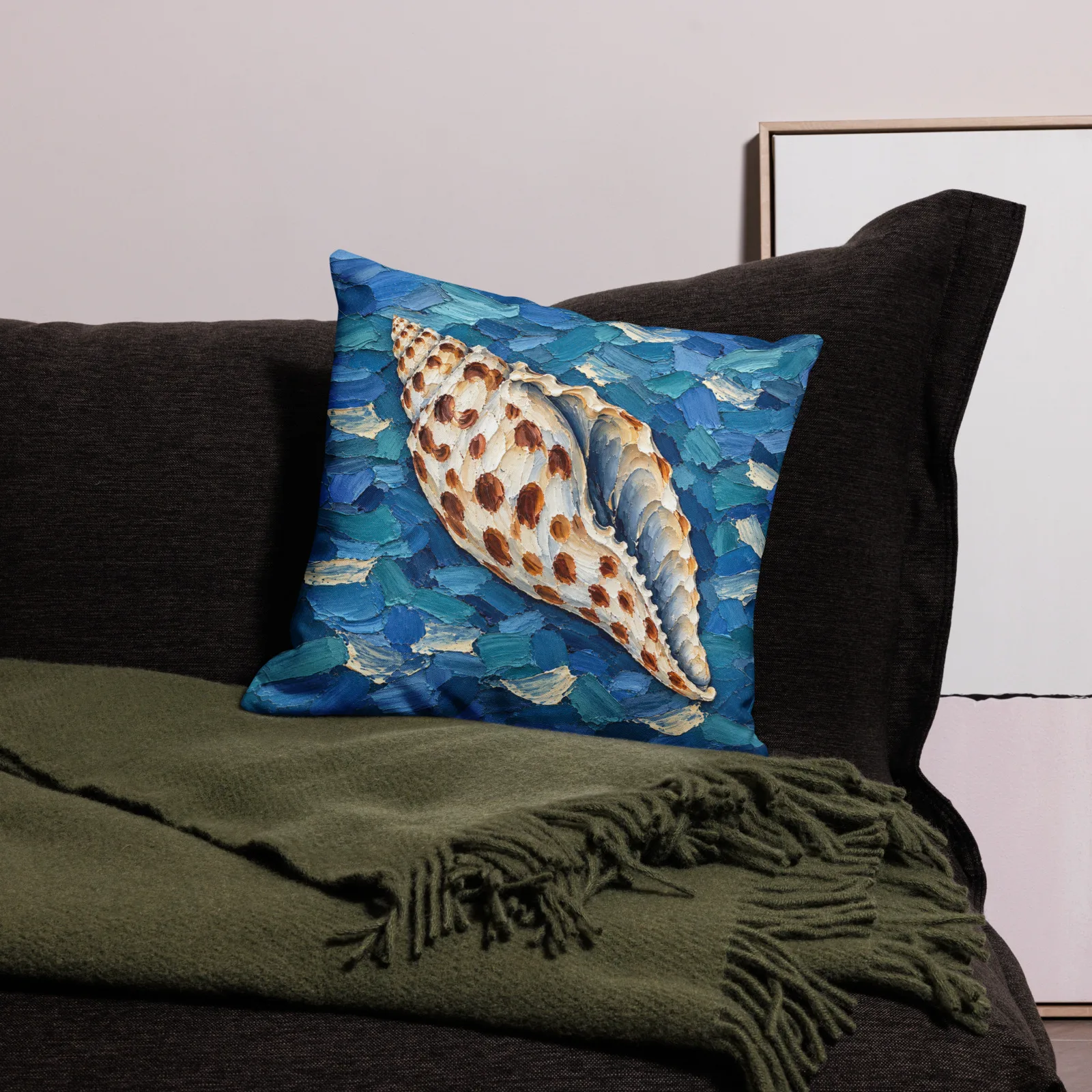 Junonia Seashell Throw Pillow: Spotted Shell Impasto Blue Coastal Decor Cushion, lifestyle front view