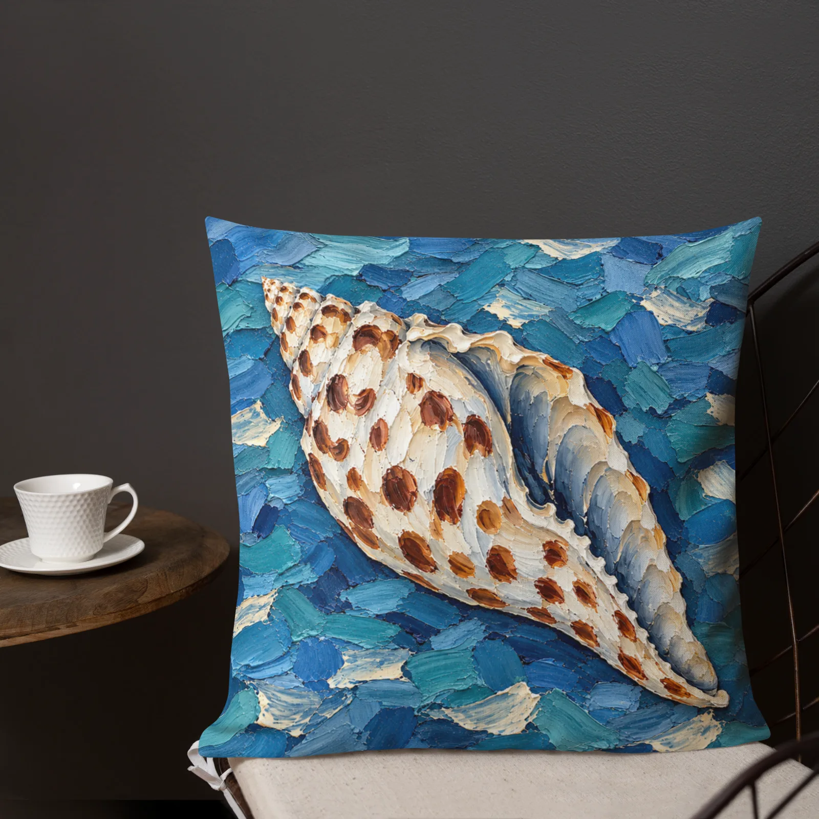 Junonia Seashell Throw Pillow: Spotted Shell Impasto Blue Coastal Decor Cushion, outdoors lifestyle front 3 view