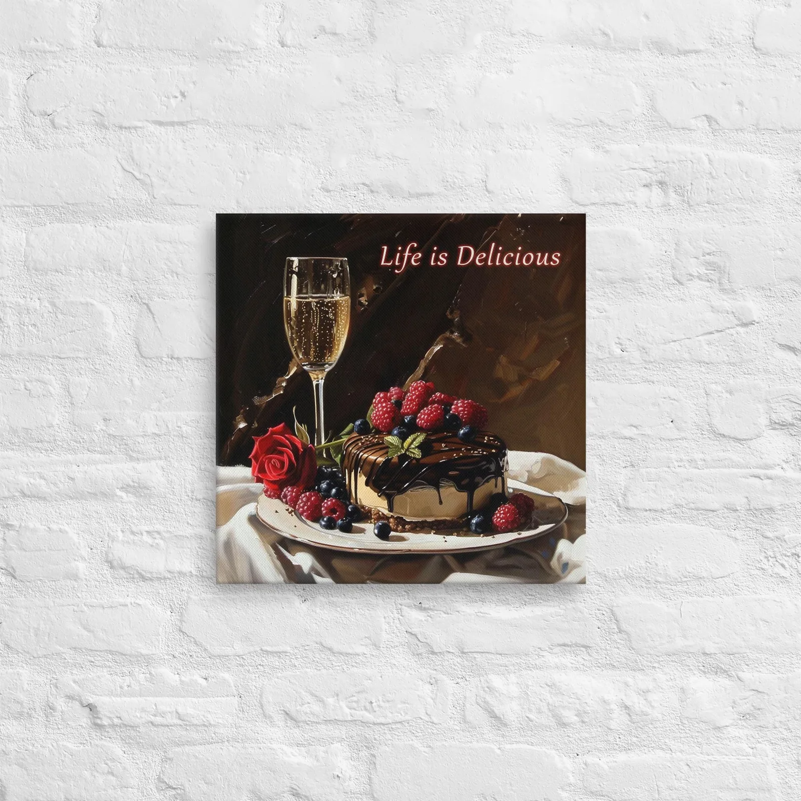 Life Is Delicious – Elegant Dessert Thin Canvas Wall Art (16×16 in.)