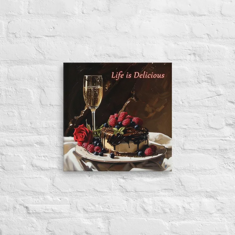 Life Is Delicious – Elegant Dessert Thin Canvas Wall Art (16×16 in.)