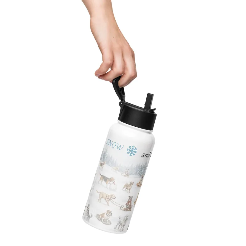 Love Life, Snow, and Dogs Water Bottle – 32 oz Stainless Steel Winter Bottle for Dog Lovers