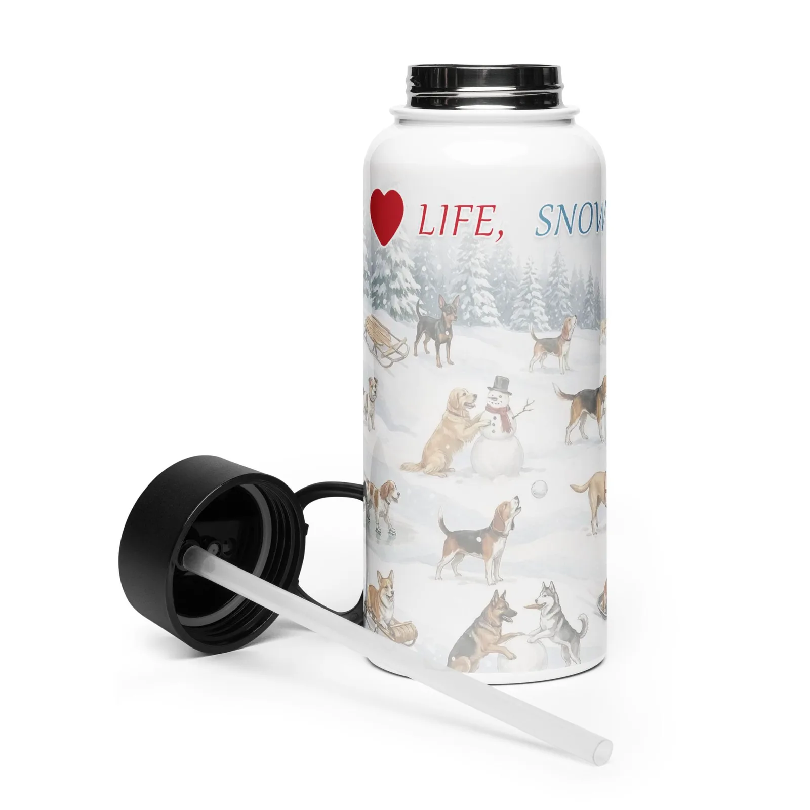 Love Life, Snow, and Dogs Water Bottle – 32 oz Stainless Steel Winter Bottle for Dog Lovers, photo 6