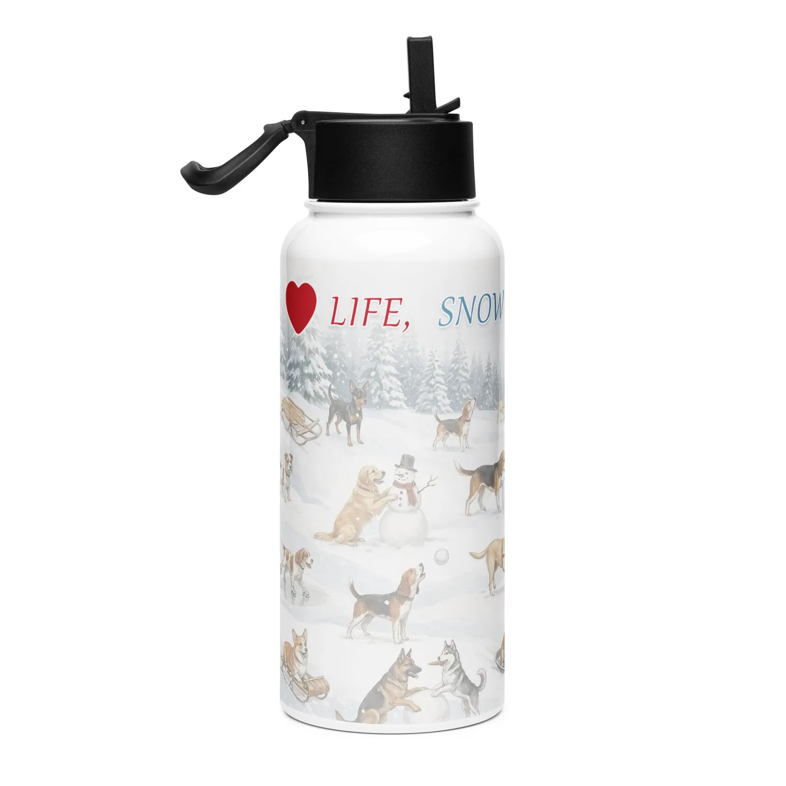 Love Life, Snow, and Dogs Water Bottle – 32 oz Stainless Steel Winter Bottle for Dog Lovers, photo 2