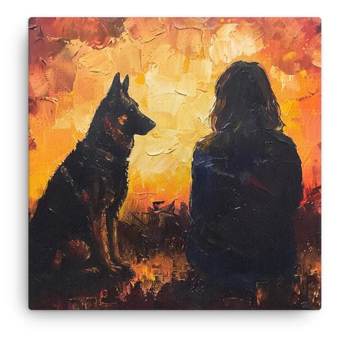 Loyal Companion Thin Canvas: German Shepherd and Woman Decor Wall Art