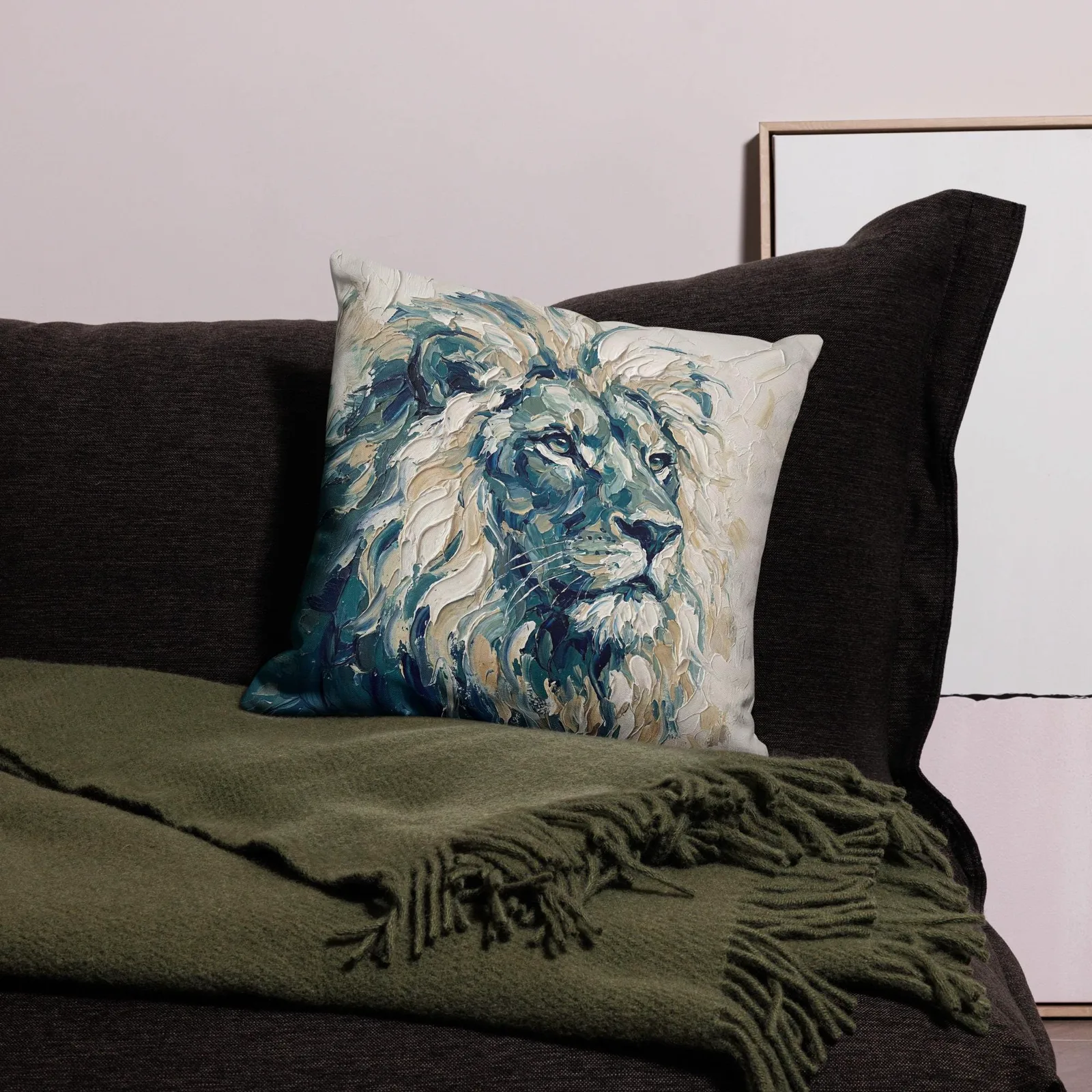 Majestic Lion Throw Pillow: Impasto Art Cushion, photo 8