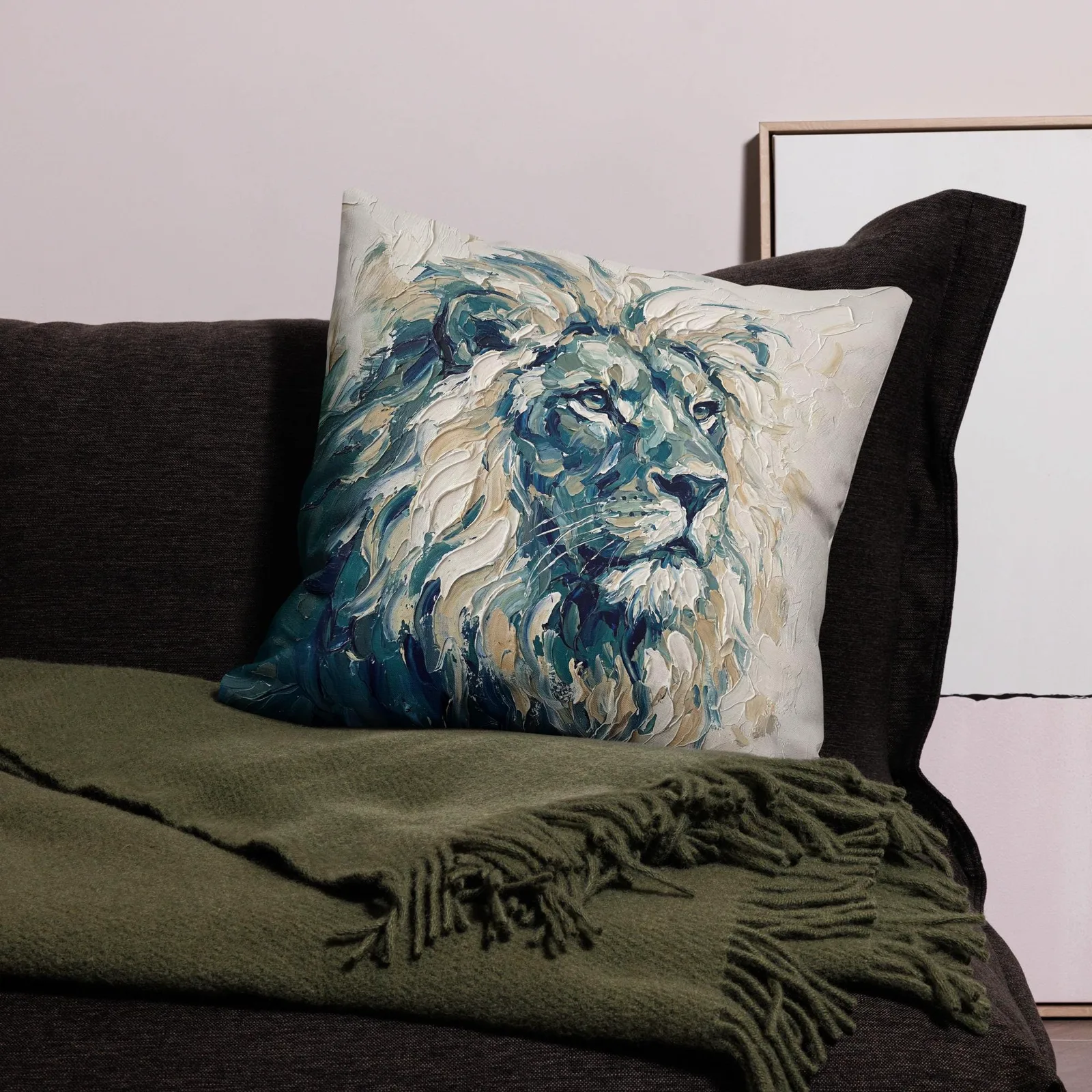 Majestic Lion Throw Pillow: Impasto Art Cushion, photo 9