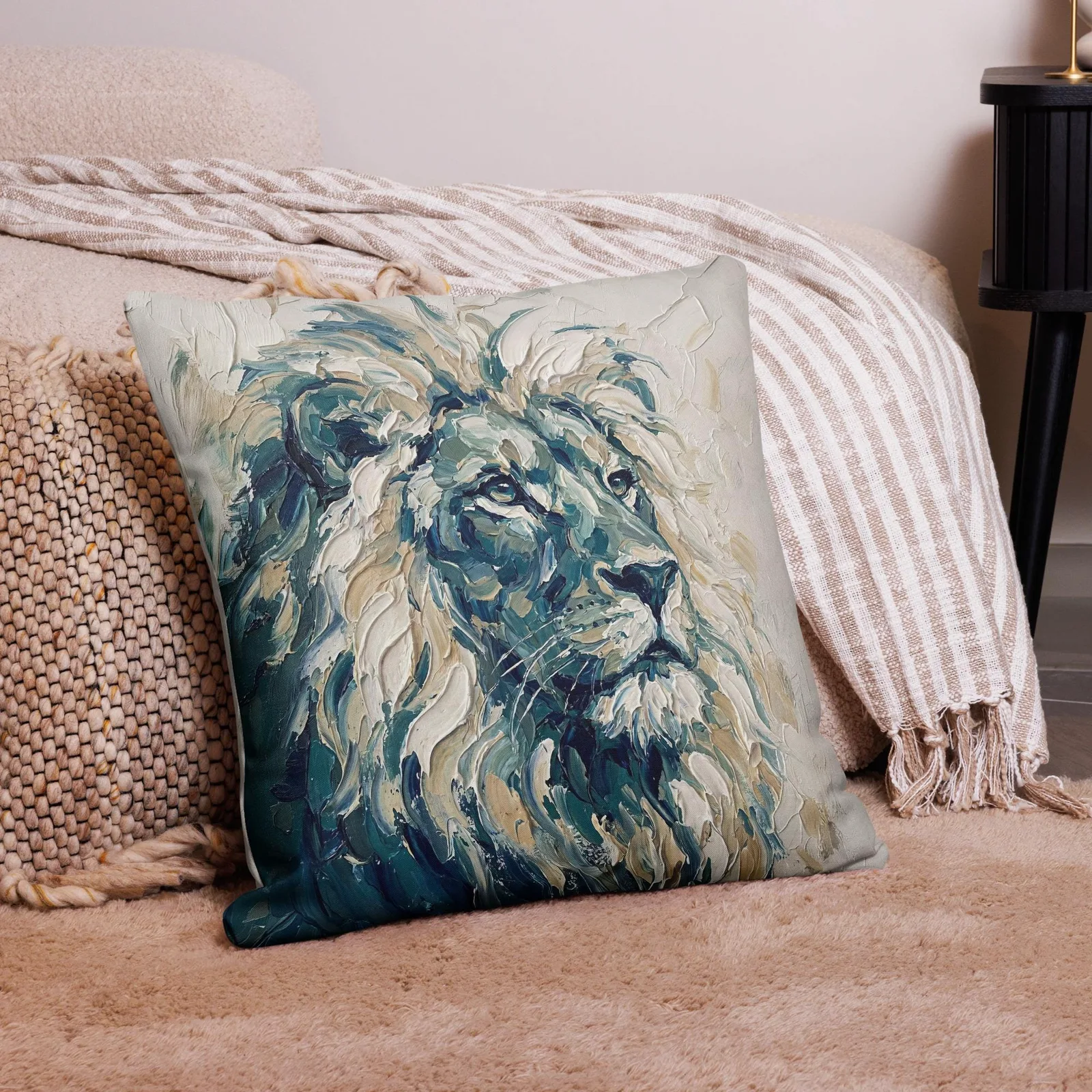 Majestic Lion Throw Pillow: Impasto Art Cushion, photo 3