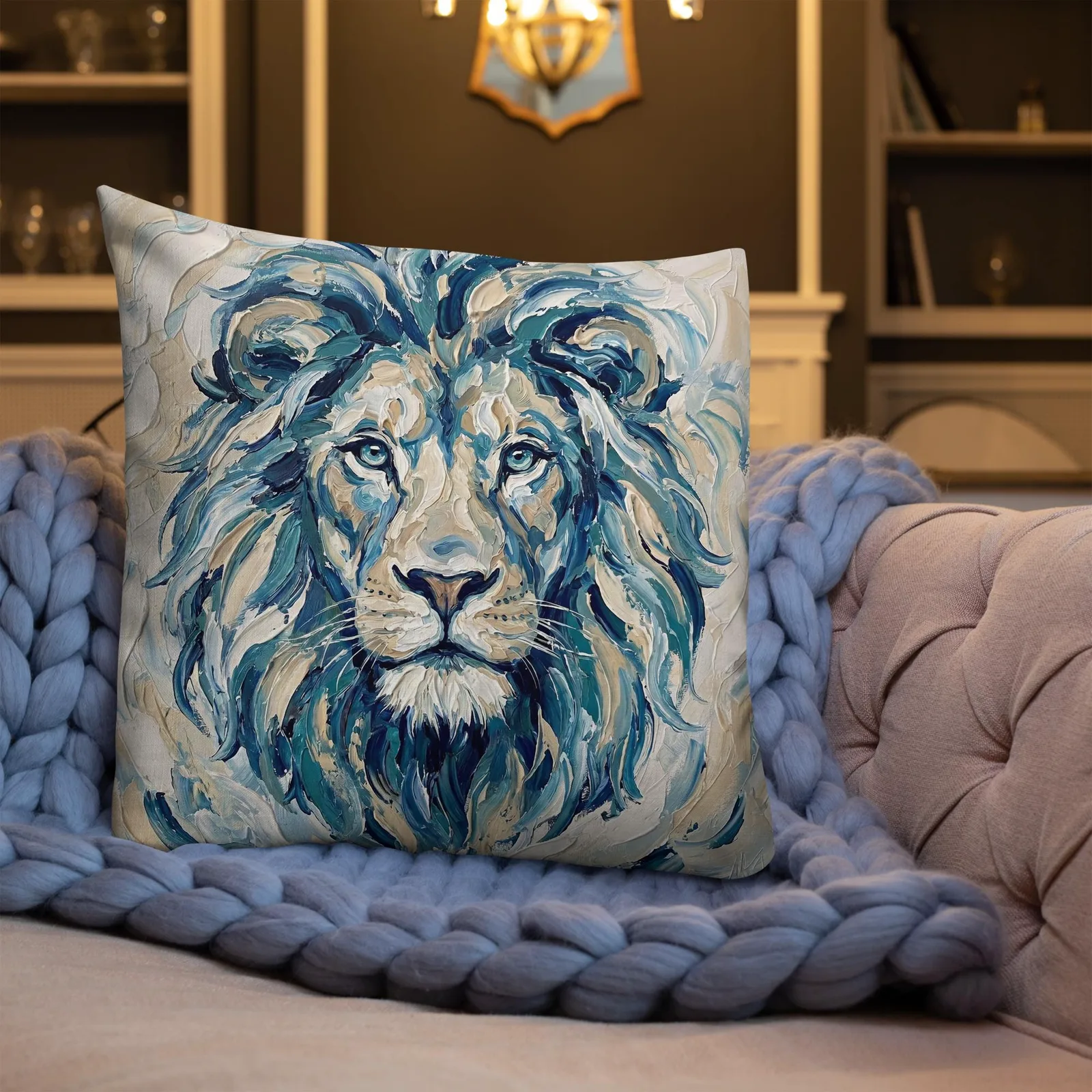Majestic Lion Throw Pillow: Impasto Art Decor Cushion