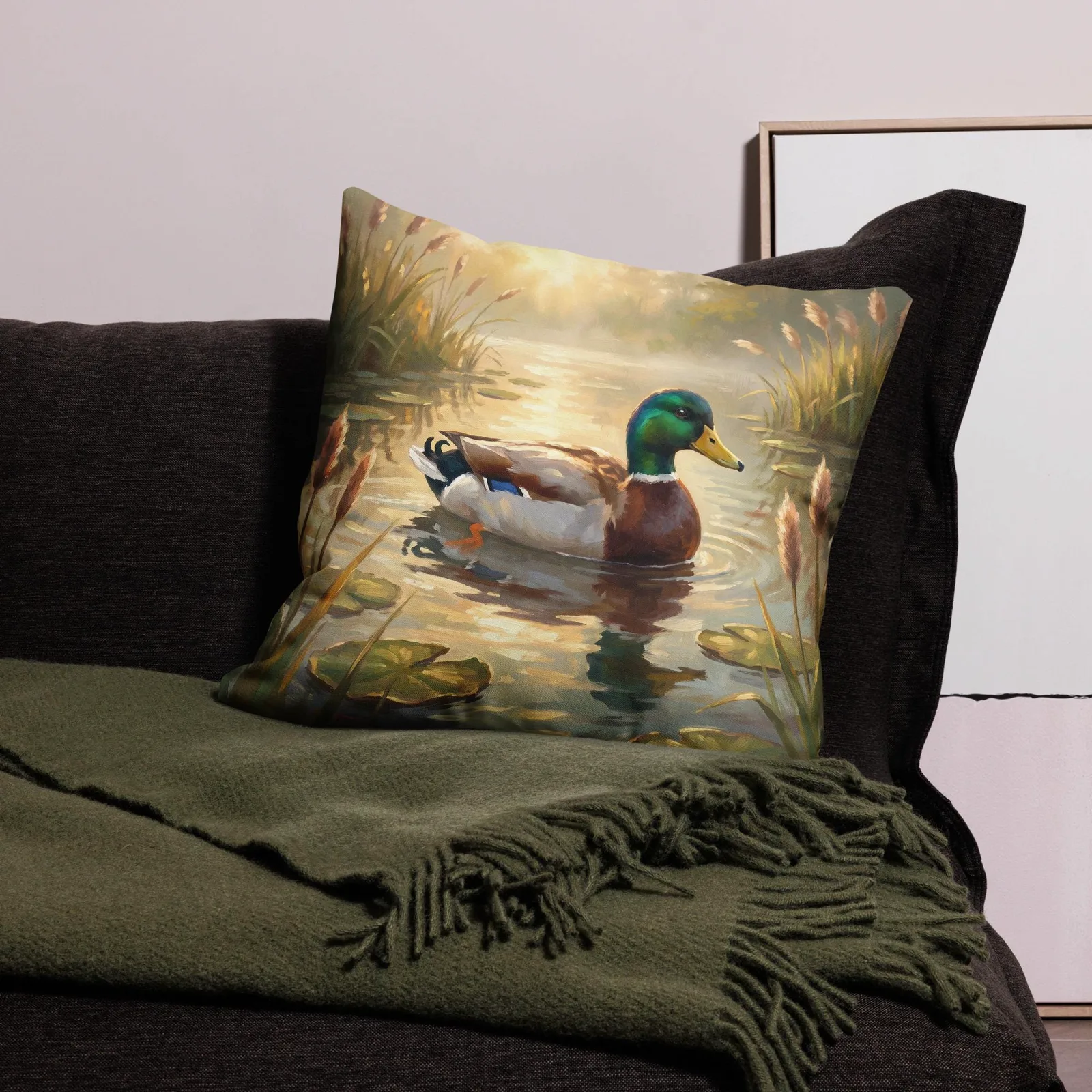 Mallard Duck Throw Pillow: Majestic Drake Pond Cushion, photo 5