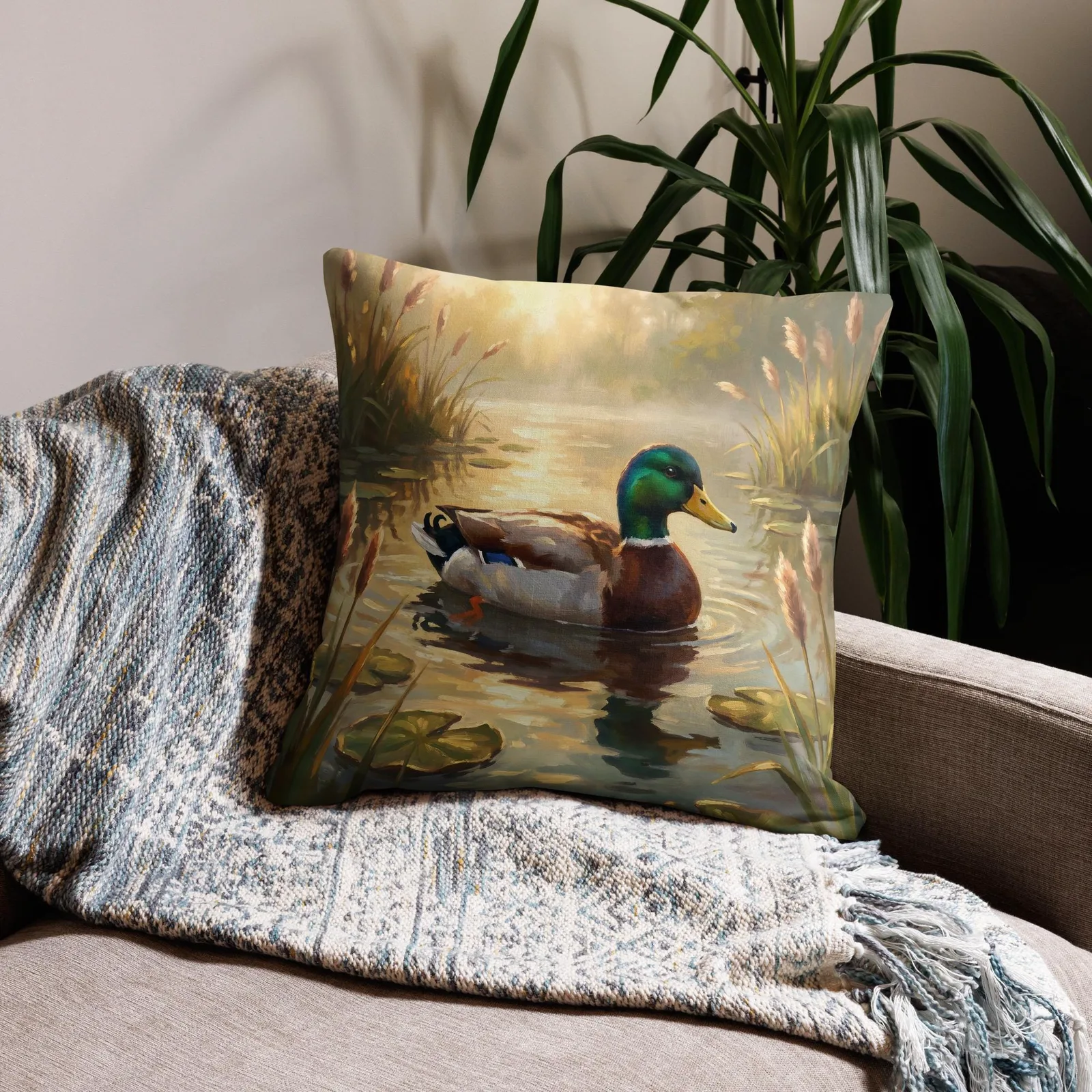 Mallard Duck Throw Pillow: Majestic Drake Pond Cushion, photo 3