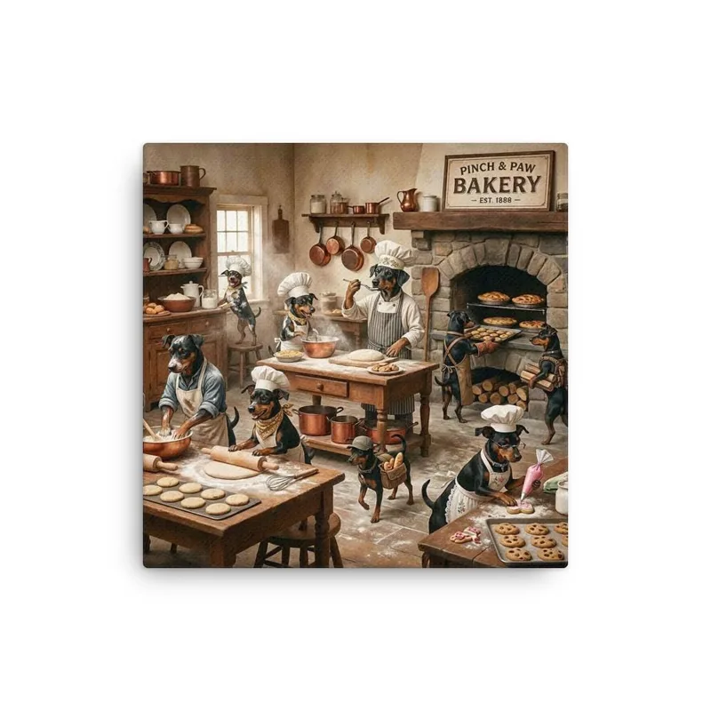 Min Pin Bakery Kitchen Canvas: Whimsical Dog Chef Wall Art