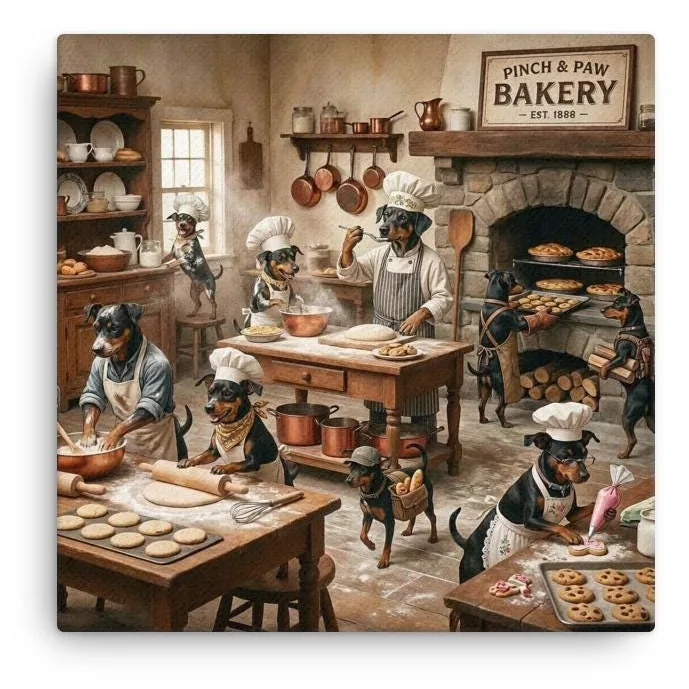 Min Pin Bakery Kitchen Canvas: Whimsical Dog Chef Wall Art