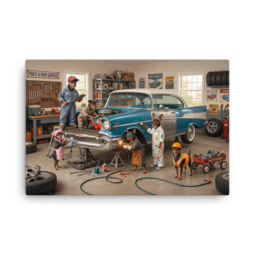 Min Pin Dog Auto Repair Canvas: Whimsical Dog Wall Art