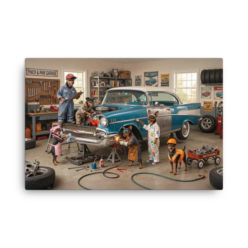 Min Pin Dog Auto Repair Canvas: Whimsical Dog Wall Art