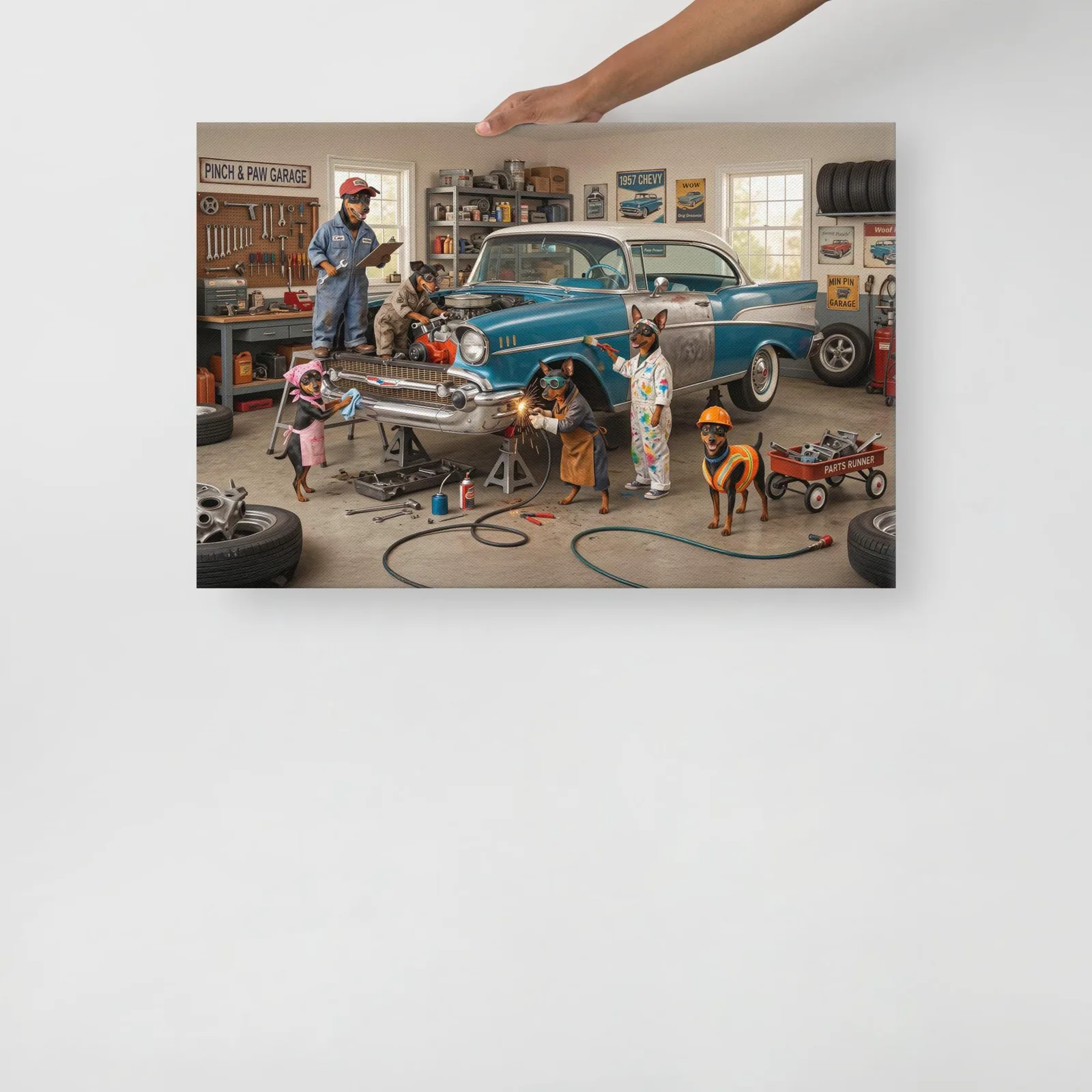 Min Pin Dog Auto Repair Canvas: Whimsical Dog Wall Art, photo 2