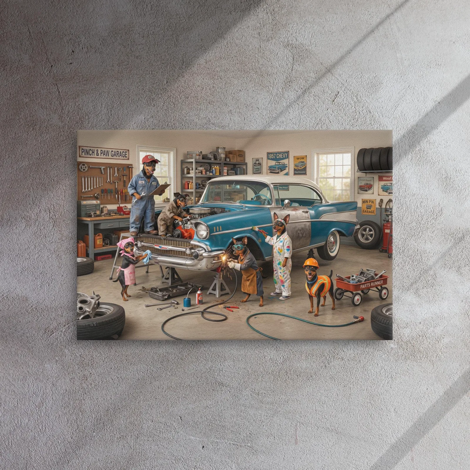 Min Pin Dog Auto Repair Canvas: Whimsical Dog Wall Art, photo 3