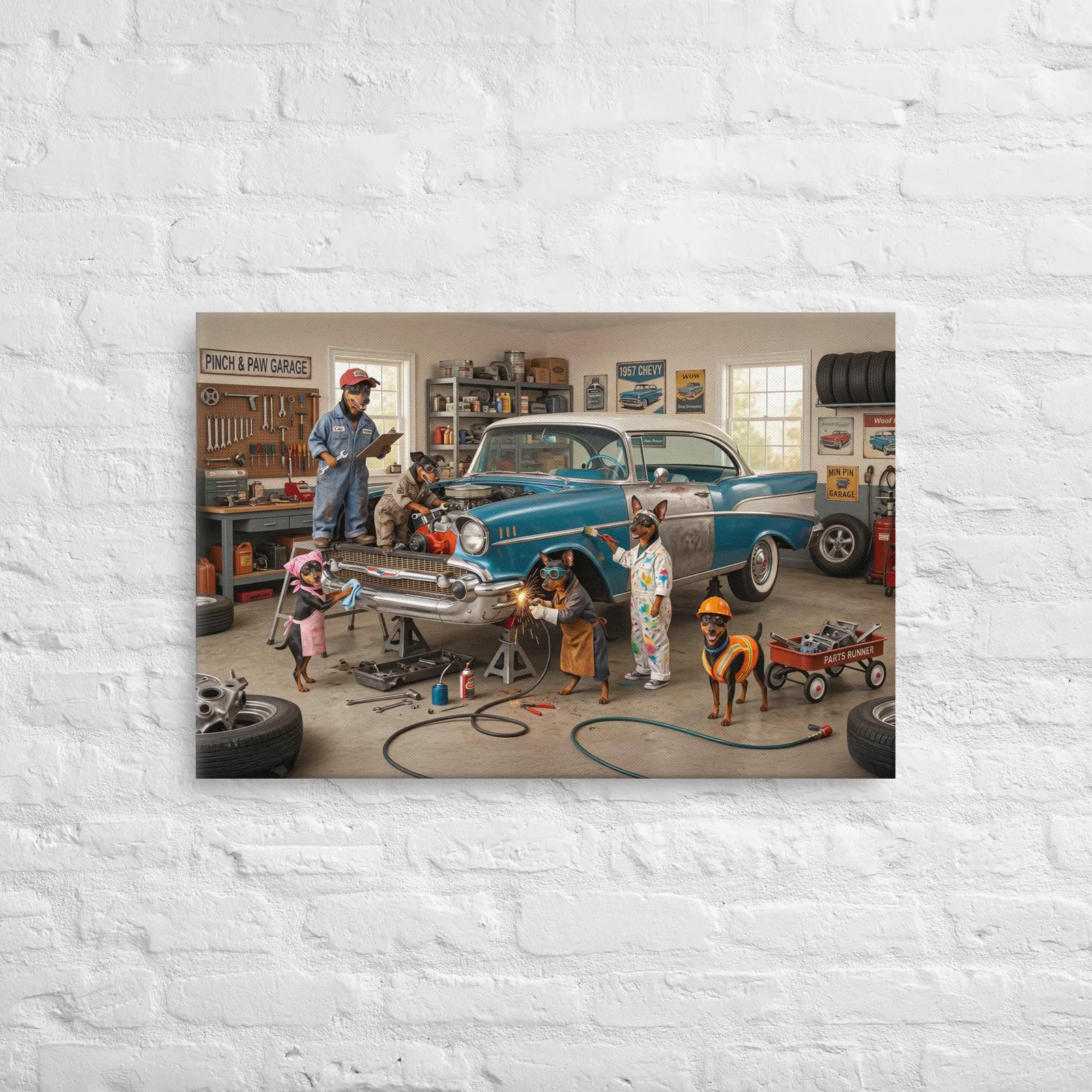 Min Pin Dog Auto Repair Canvas: Whimsical Dog Wall Art, photo 5