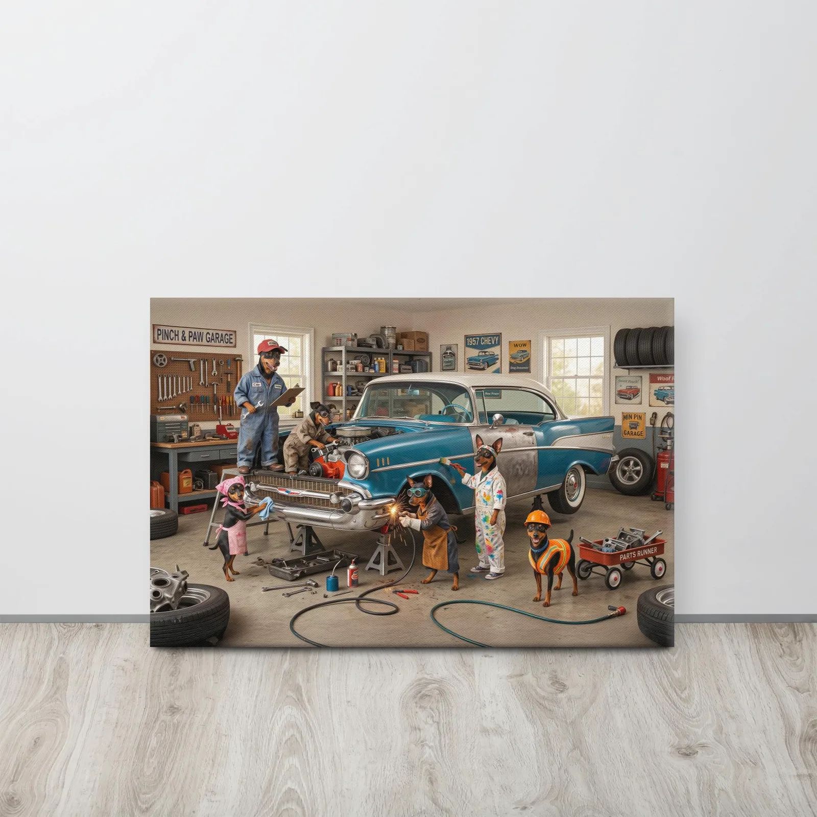 Min Pin Dog Auto Repair Canvas: Whimsical Dog Wall Art, photo 4