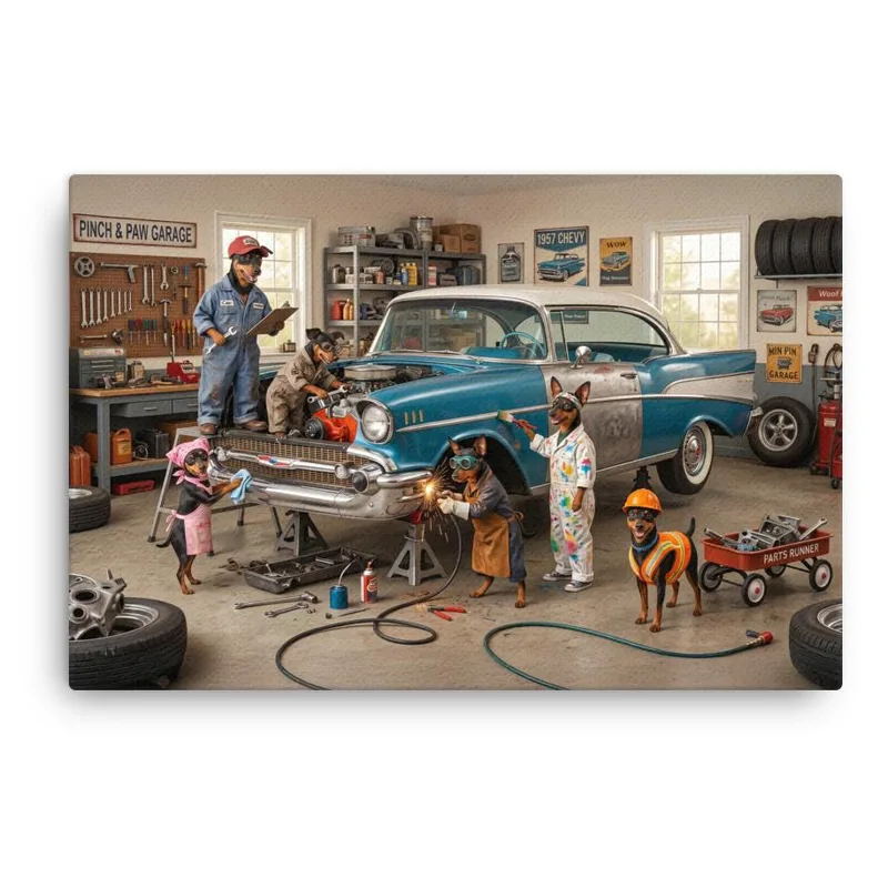 Min Pin Dog Auto Repair Canvas: Whimsical Dog Wall Art