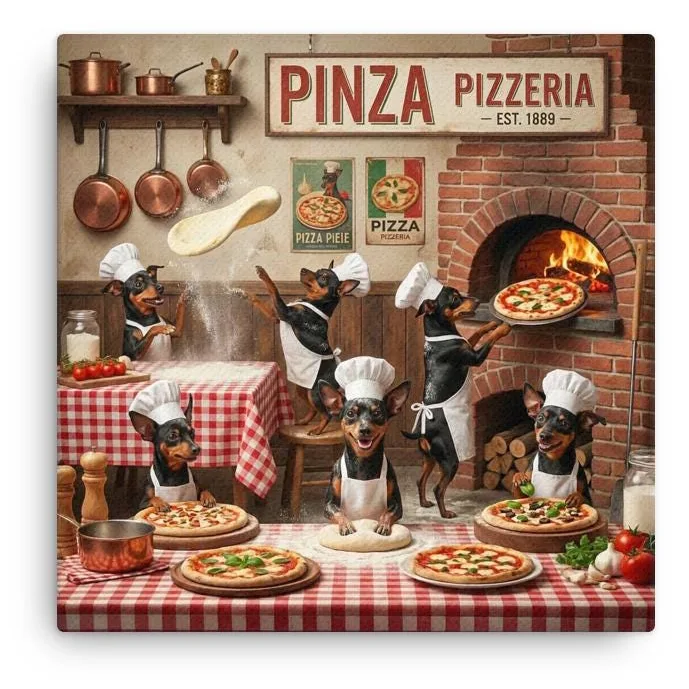Min Pin Dog Chef Pizzeria Canvas: Italian Kitchen Wall Art