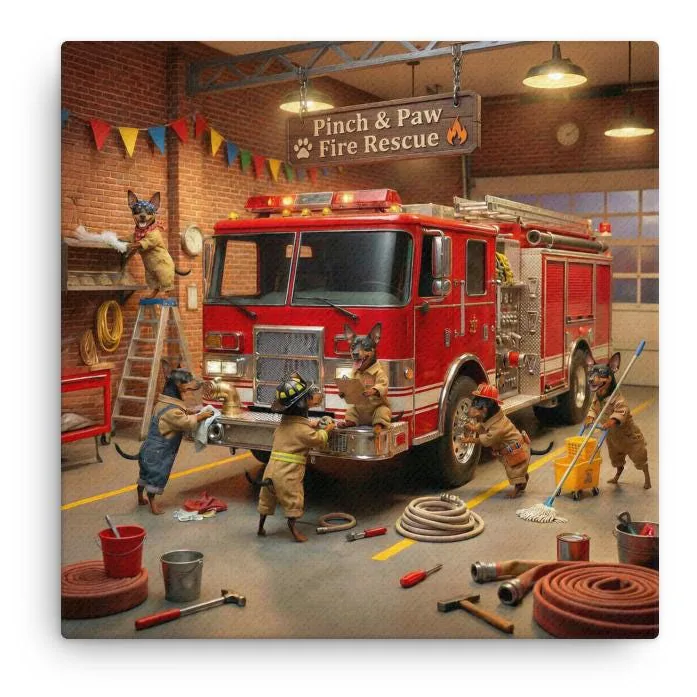 Min Pin Dog Fire Rescue Canvas: Whimsical Dog Wall Art