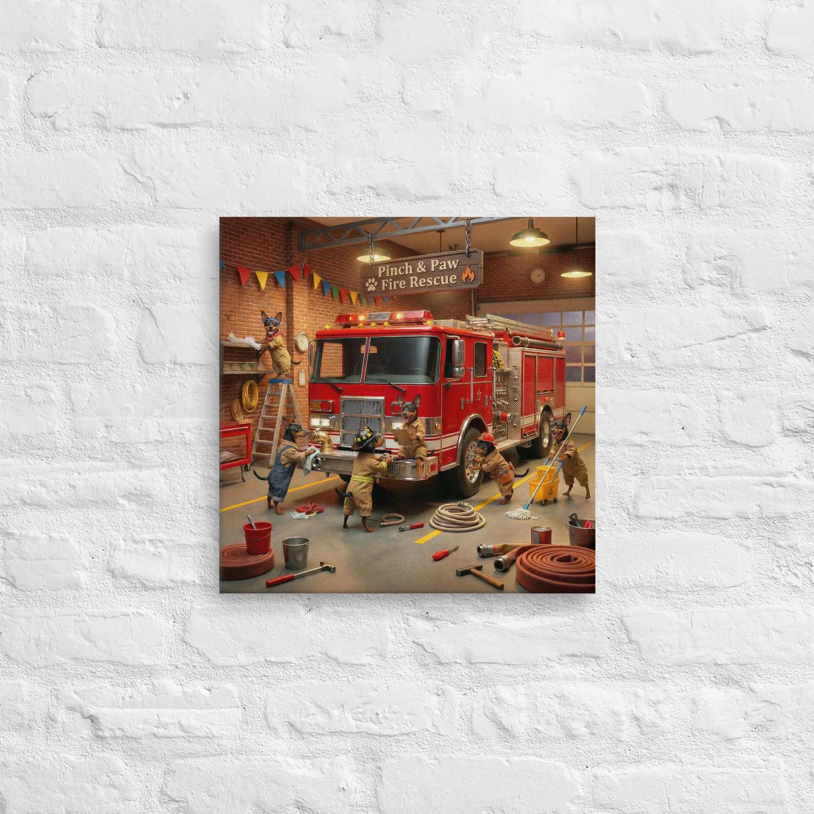 Min Pin Dog Fire Rescue Canvas: Whimsical Dog Wall Art, photo 5