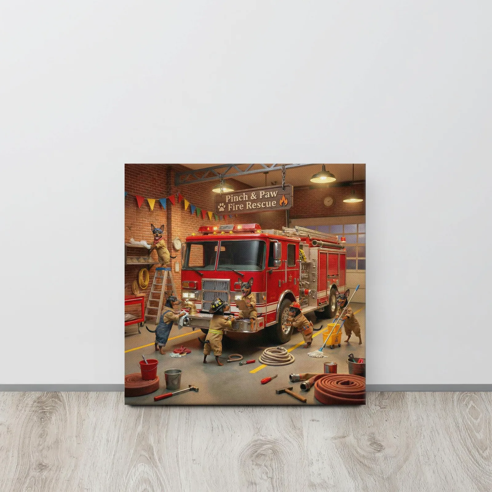Min Pin Dog Fire Rescue Canvas: Whimsical Dog Wall Art, photo 4