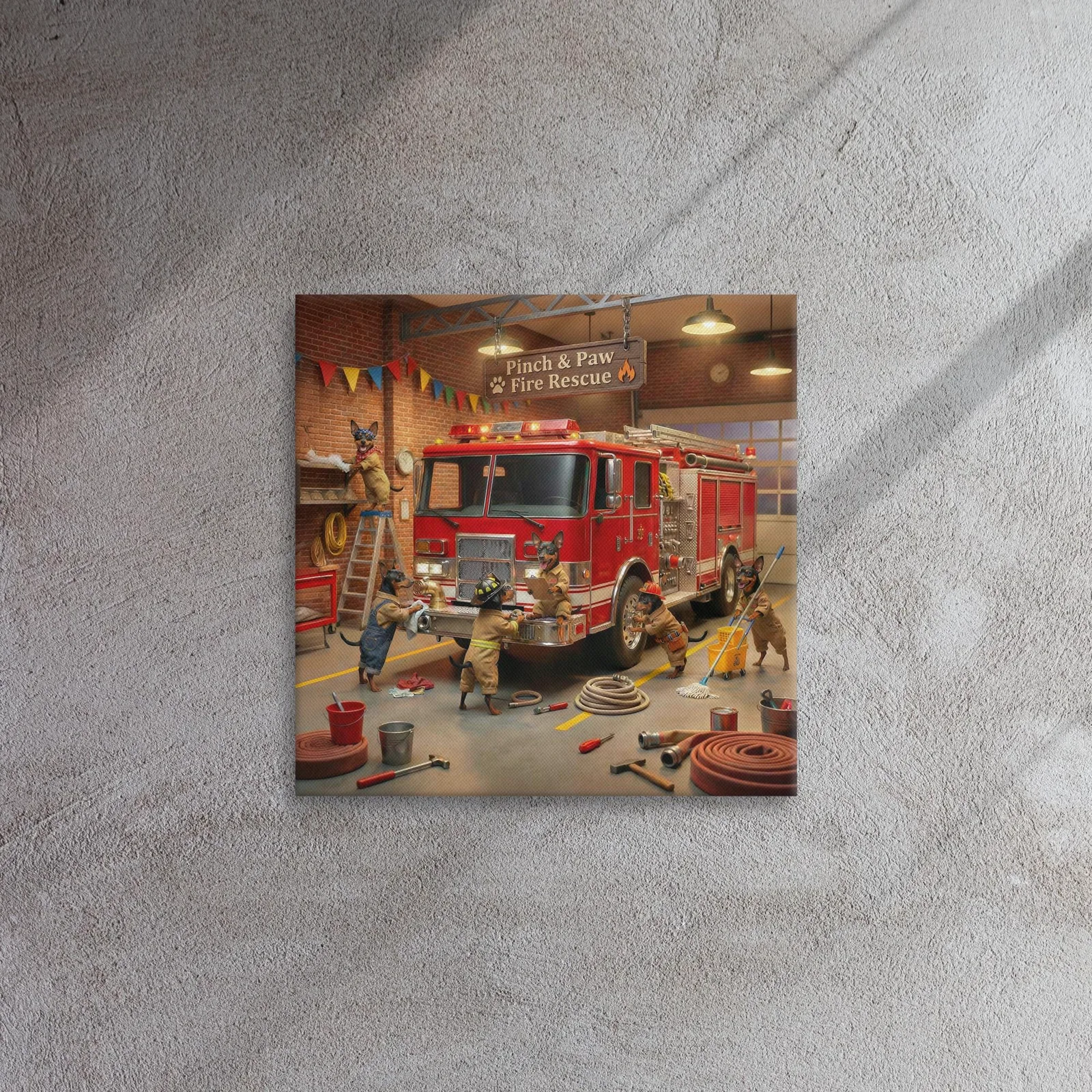 Min Pin Dog Fire Rescue Canvas: Whimsical Dog Wall Art, photo 3