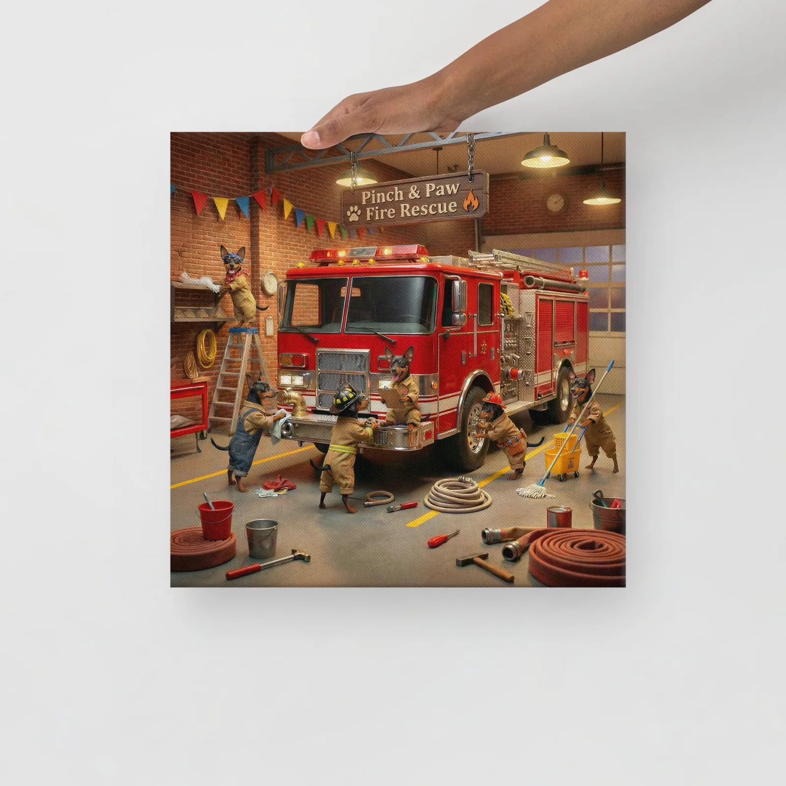 Min Pin Dog Fire Rescue Canvas: Whimsical Dog Wall Art, photo 2