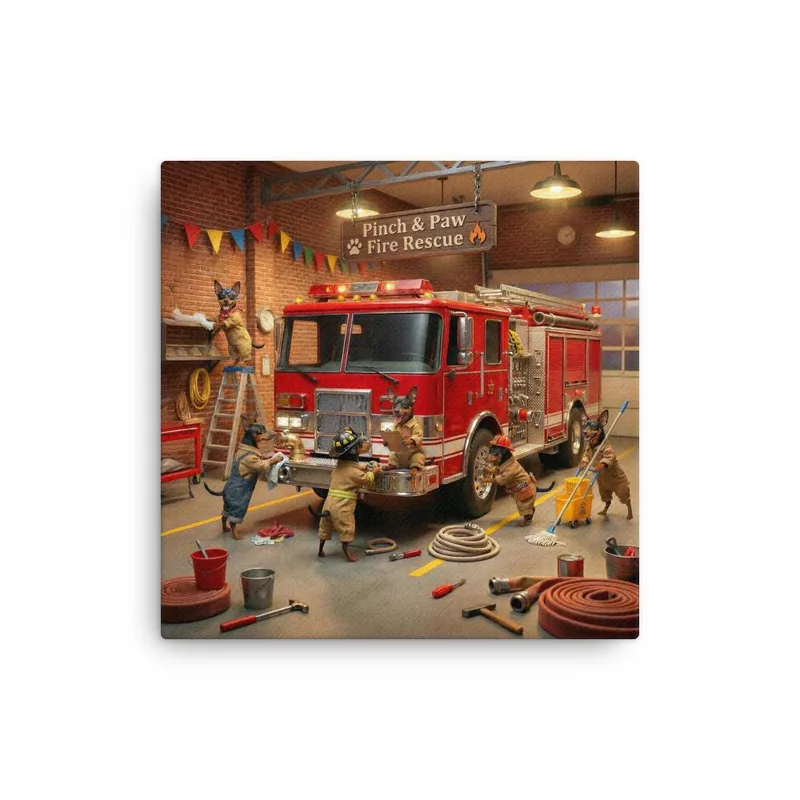 Min Pin Dog Fire Rescue Canvas: Whimsical Dog Wall Art