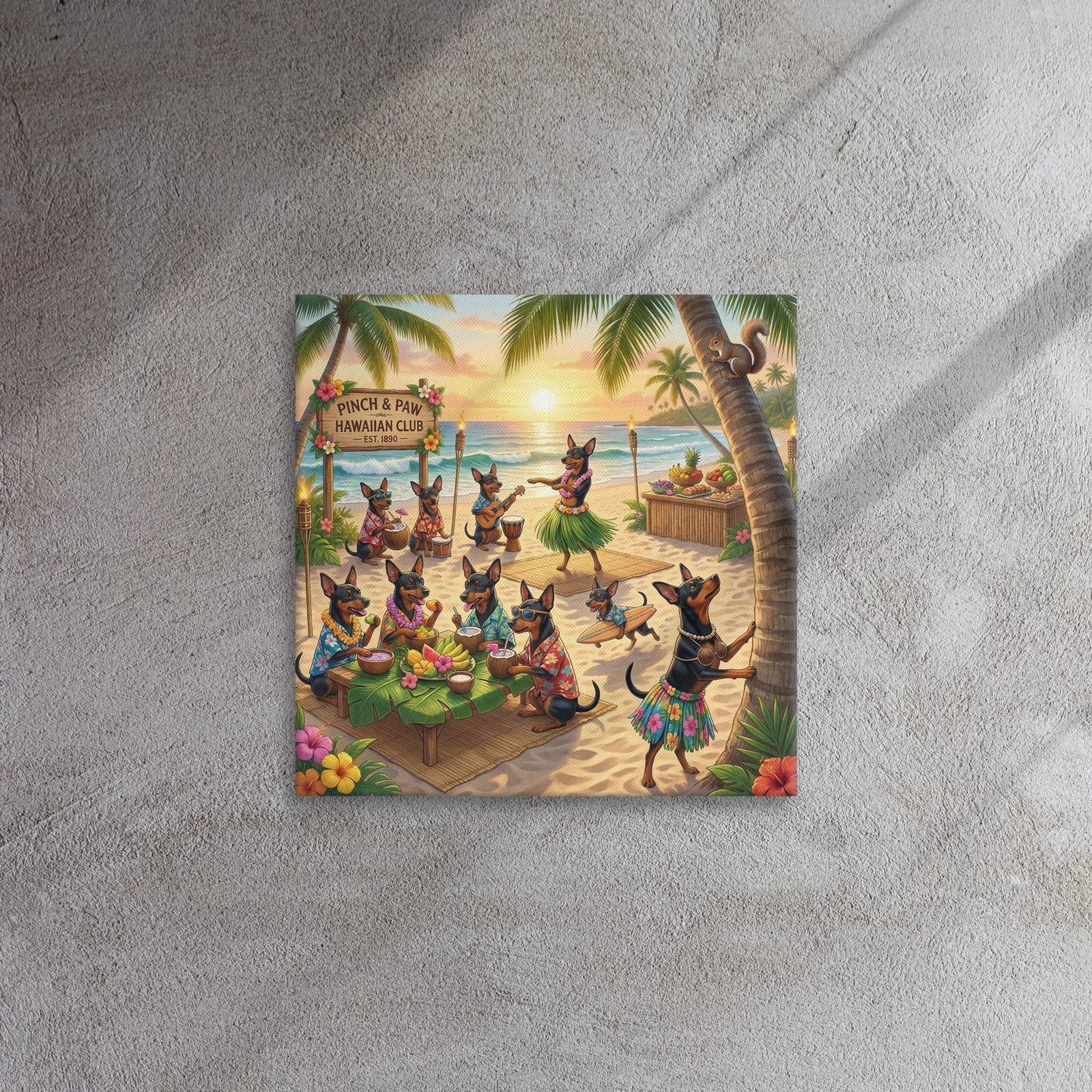 Min Pin Dog Hawaiian Luau Canvas: Whimsical Dog Wall Art, photo 3