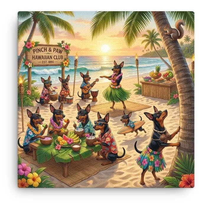 Min Pin Dog Hawaiian Luau Canvas: Whimsical Dog Wall Art