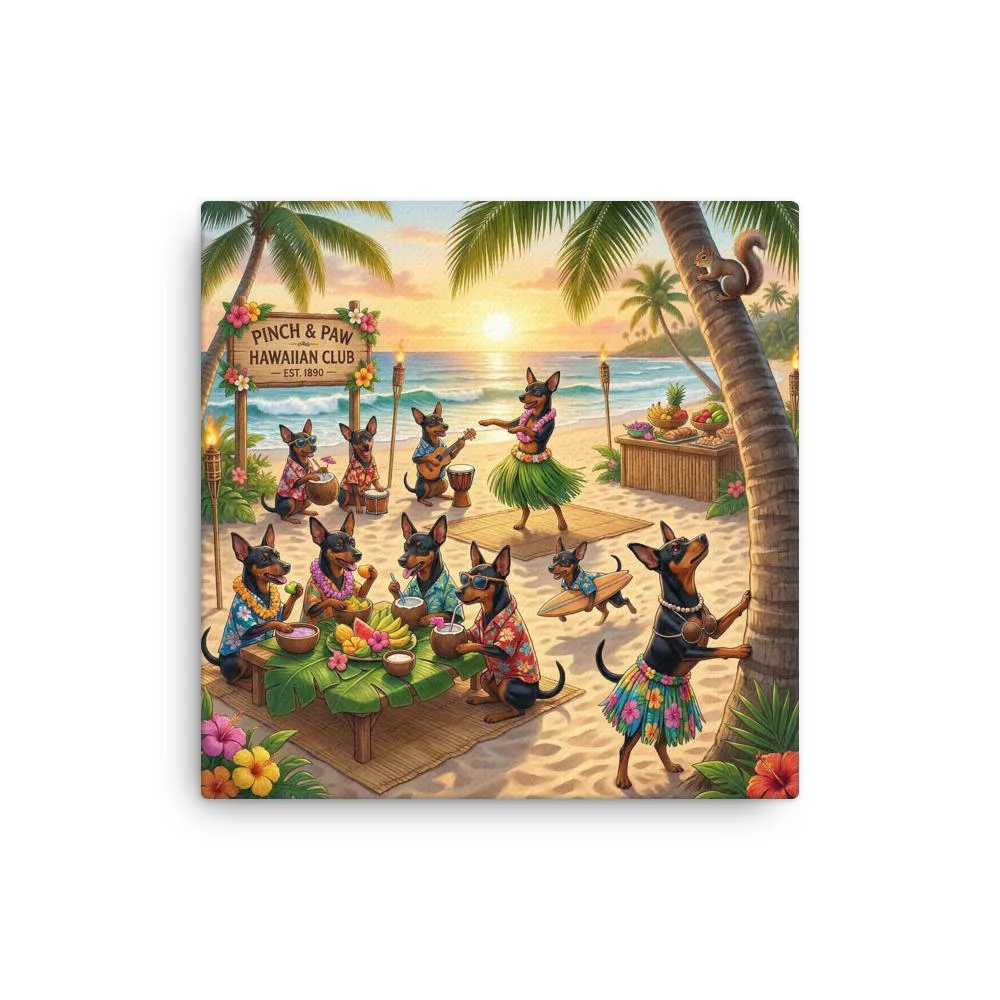 Min Pin Dog Hawaiian Luau Canvas: Whimsical Dog Wall Art