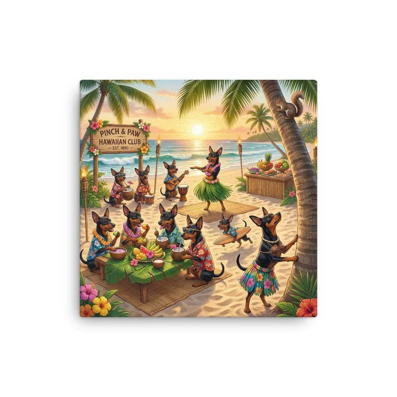 Min Pin Dog Hawaiian Luau Canvas: Whimsical Dog Wall Art