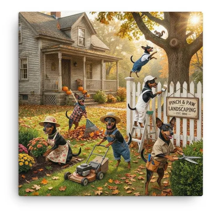 Min Pin Dog Home Landscaping Canvas: Whimsical Dog Wall Art