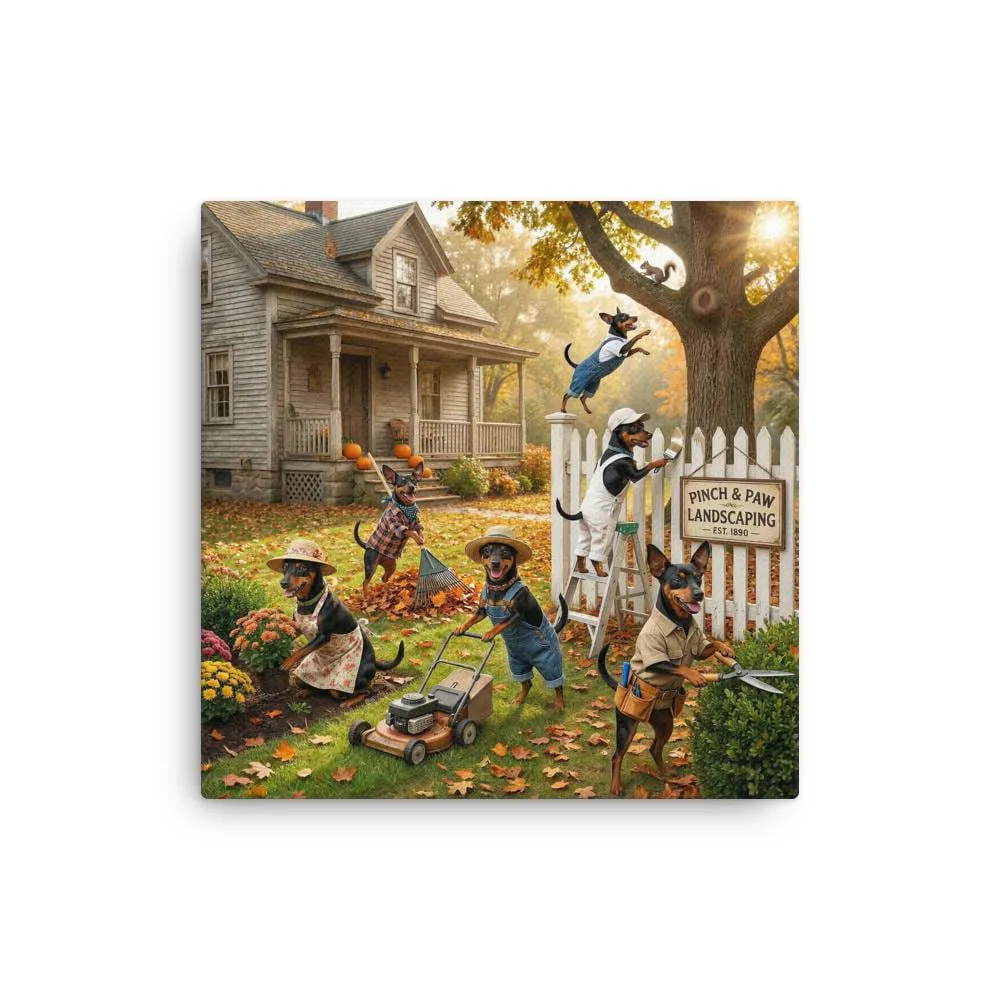 Min Pin Dog Home Landscaping Canvas: Whimsical Dog Wall Art