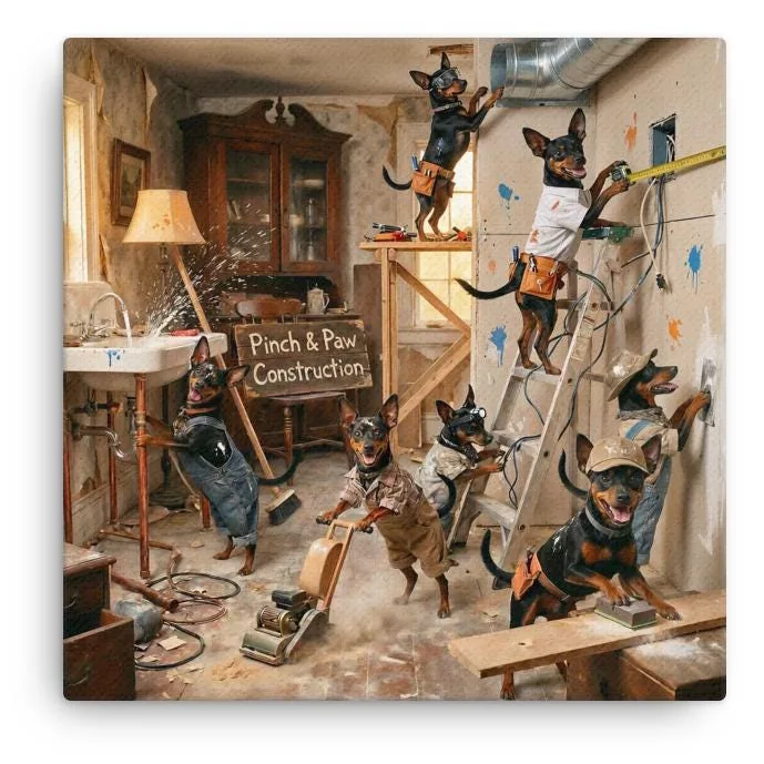 Min Pin Dog Home Renovation Canvas: Whimsical Dog Wall Art