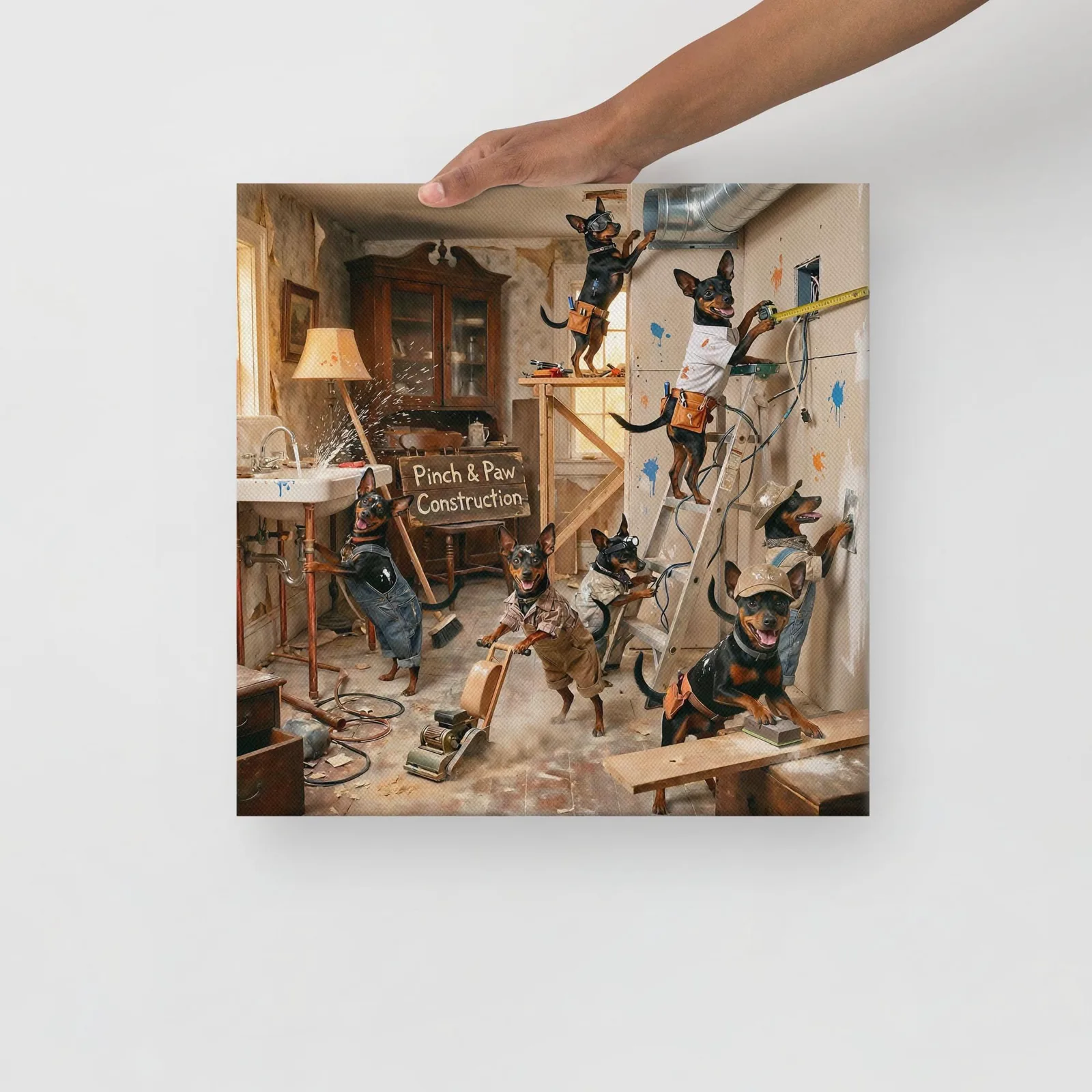 Min Pin Dog Home Renovation Canvas: Whimsical Dog Wall Art, photo 2