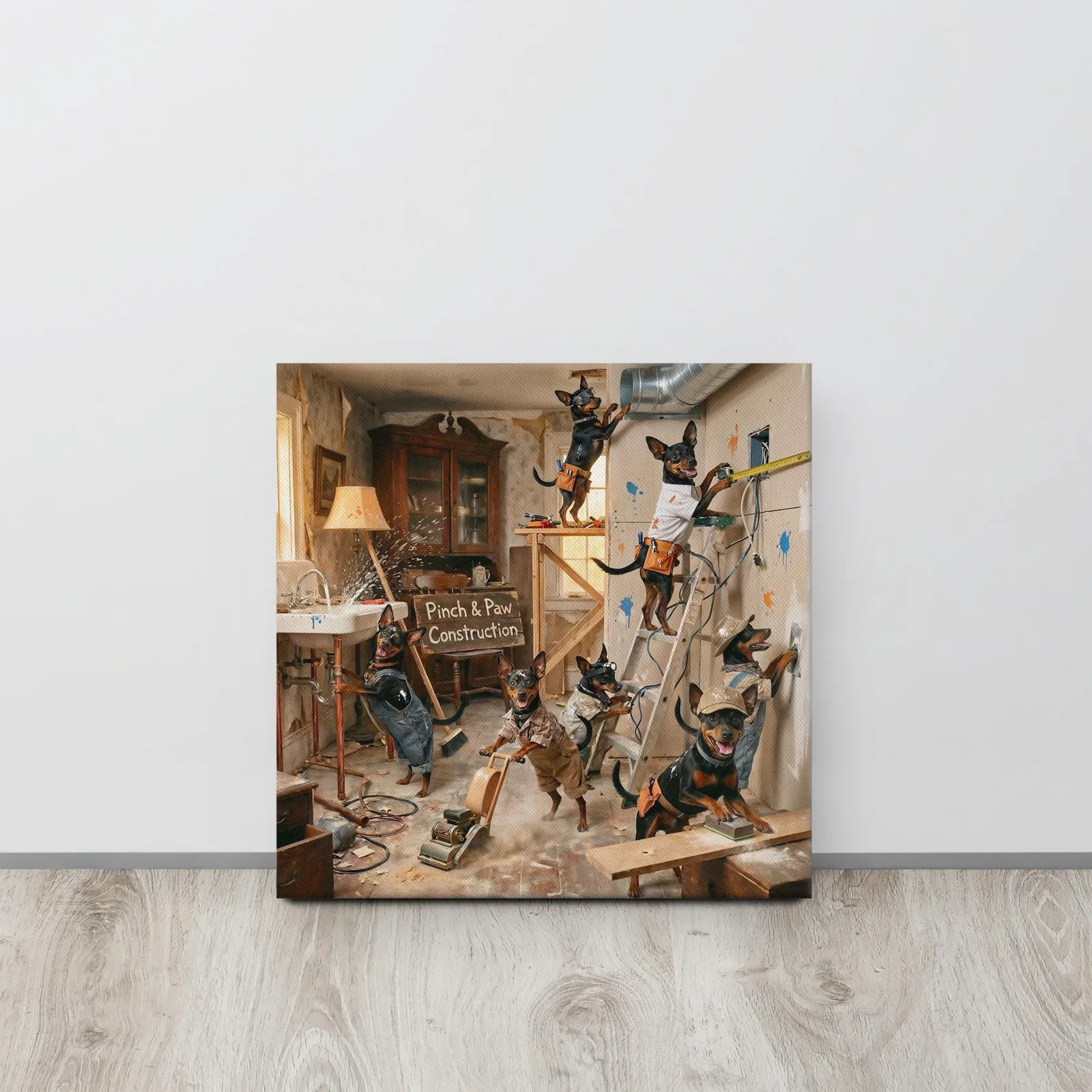 Min Pin Dog Home Renovation Canvas: Whimsical Dog Wall Art, photo 4