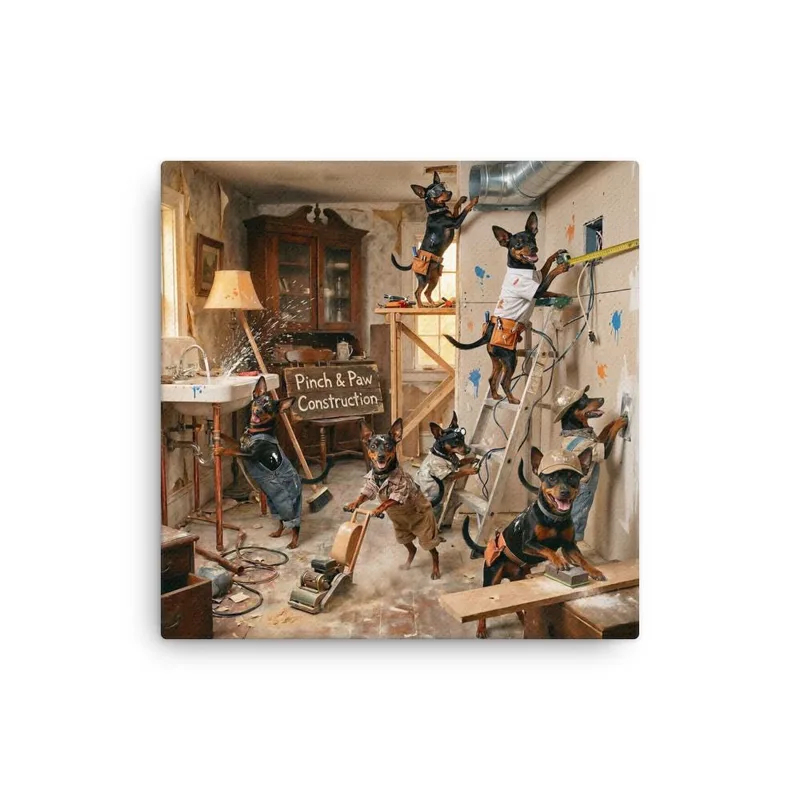 Min Pin Dog Home Renovation Canvas: Whimsical Dog Wall Art