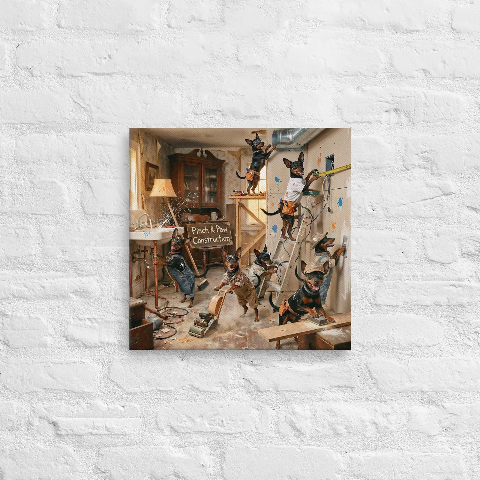 Min Pin Dog Home Renovation Canvas: Whimsical Dog Wall Art, photo 5