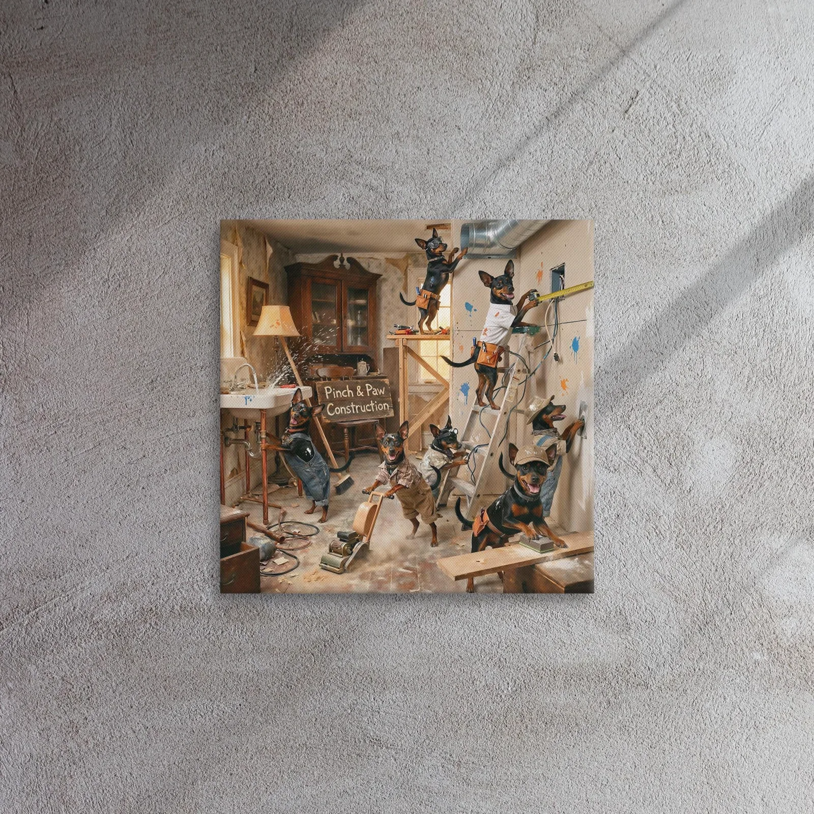 Min Pin Dog Home Renovation Canvas: Whimsical Dog Wall Art, photo 3