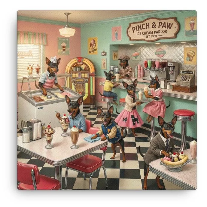 Min Pin Dog Ice Cream Parlor Thin Canvas: Whimsical Dog Wall Art