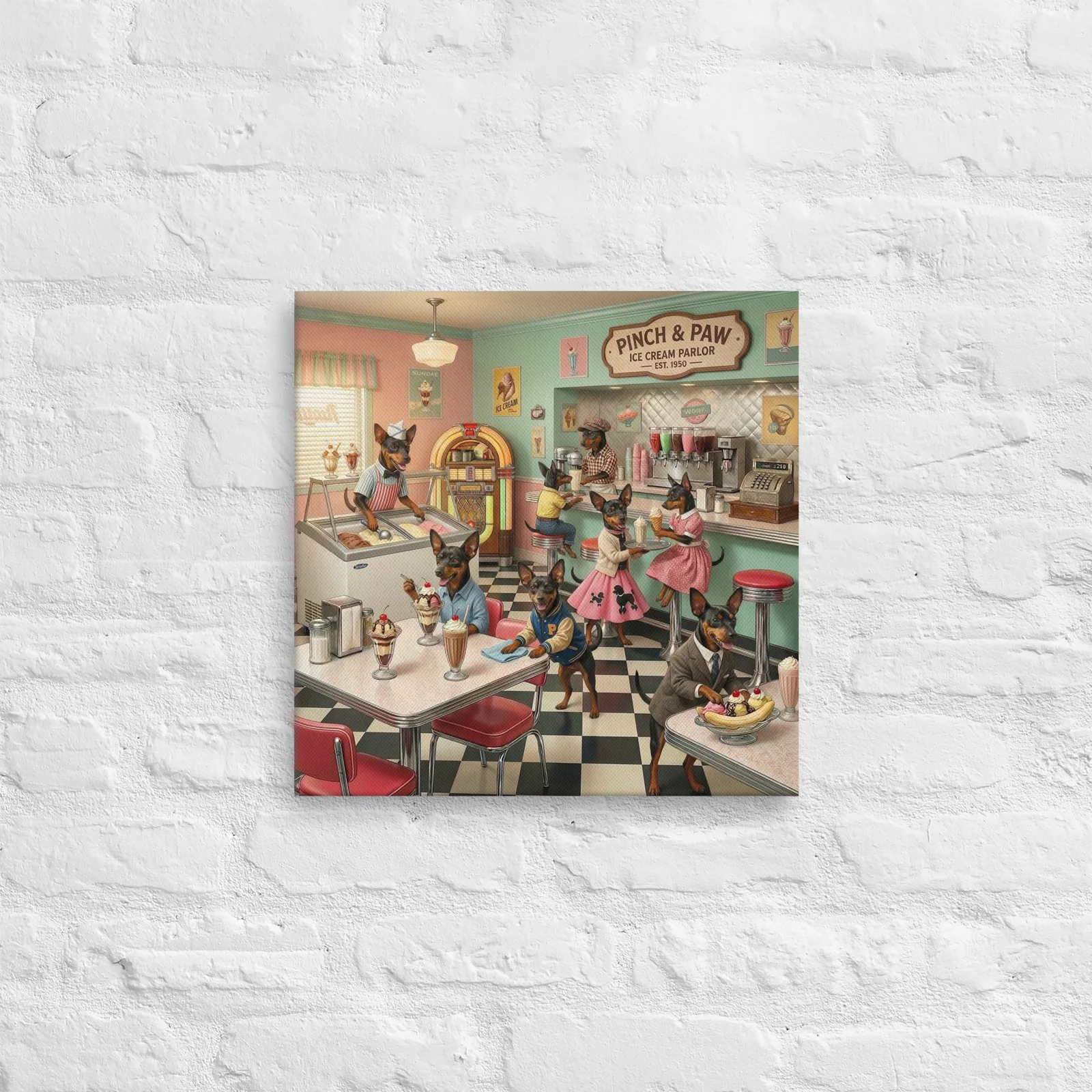 Min Pin Dog Ice Cream Parlor Thin Canvas: Whimsical Dog Wall Art, photo 5