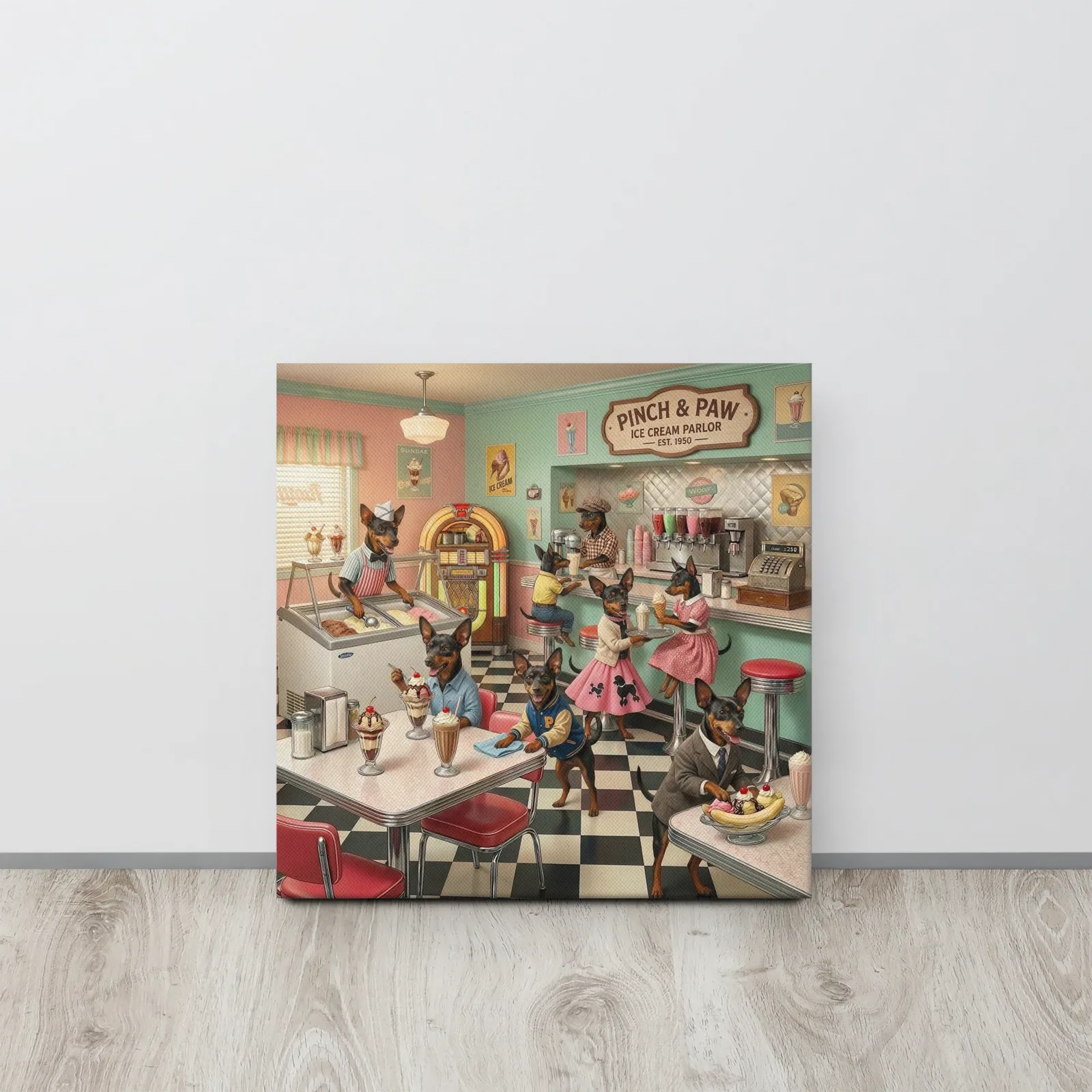 Min Pin Dog Ice Cream Parlor Thin Canvas: Whimsical Dog Wall Art, photo 4