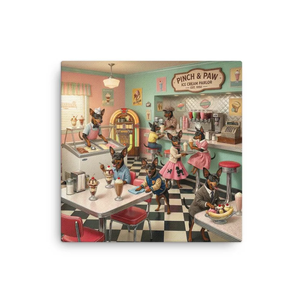 Min Pin Dog Ice Cream Parlor Thin Canvas: Whimsical Dog Wall Art