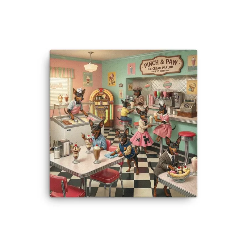 Min Pin Dog Ice Cream Parlor Thin Canvas: Whimsical Dog Wall Art