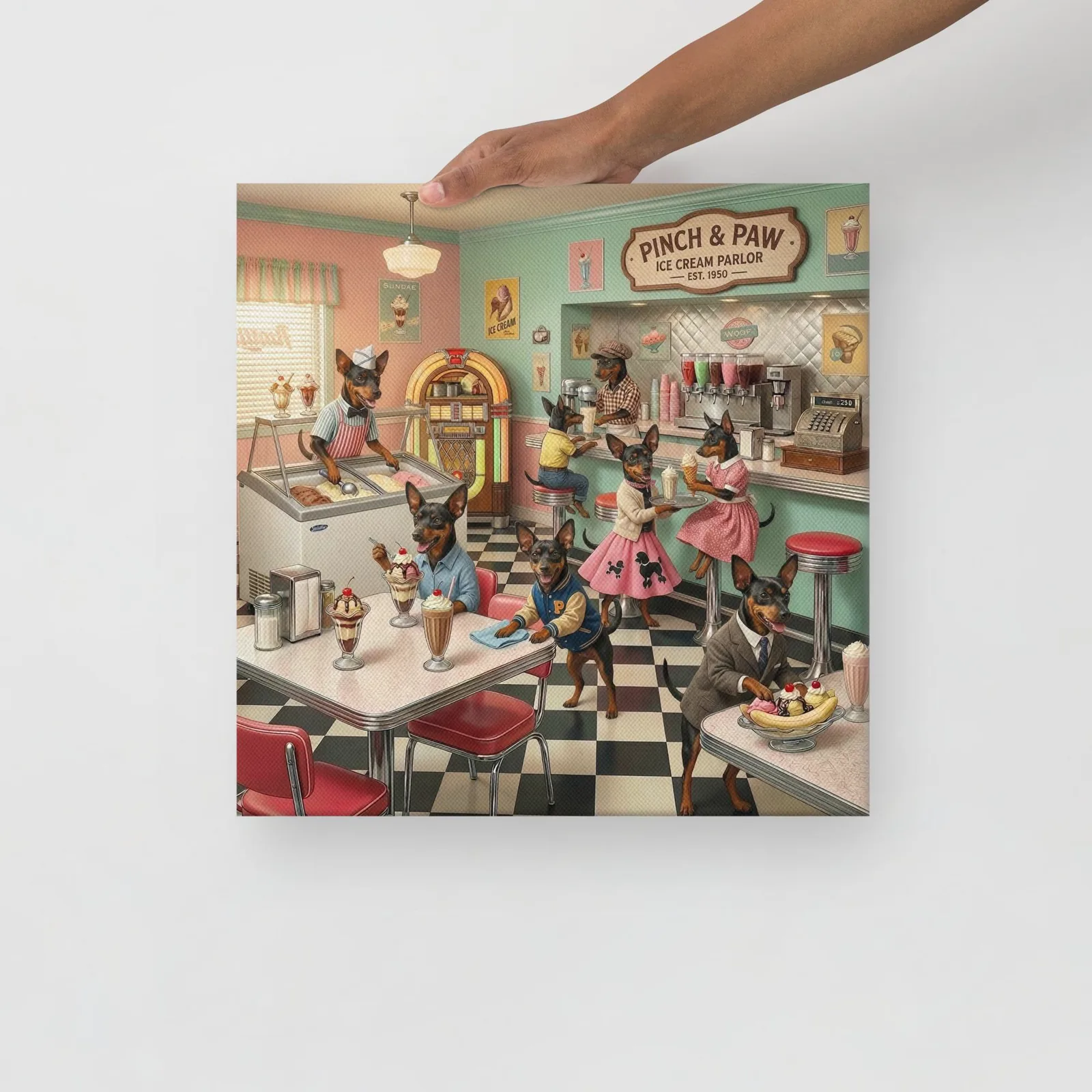 Min Pin Dog Ice Cream Parlor Thin Canvas: Whimsical Dog Wall Art, photo 2